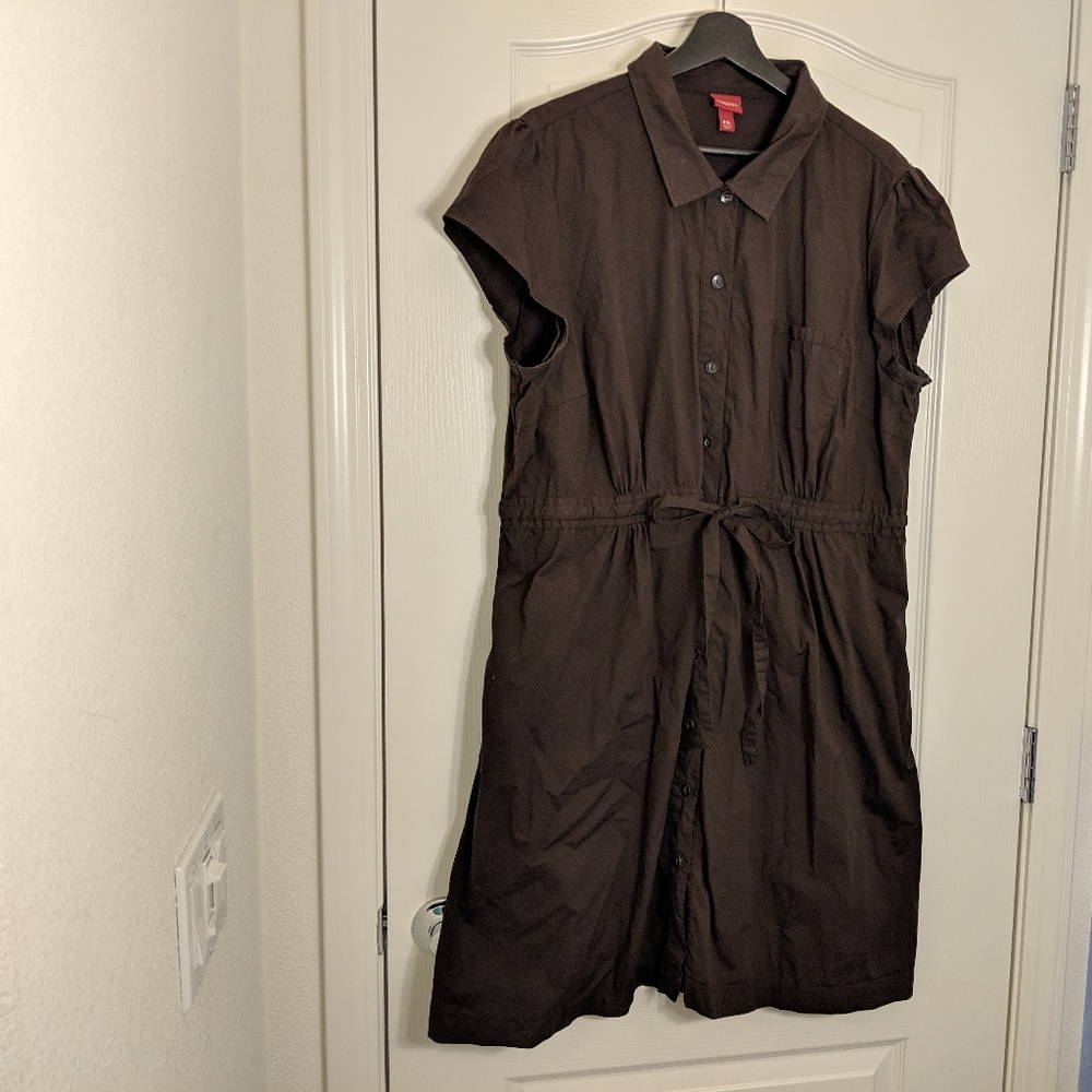 Brown button-up dress with tie-waist and POCKETS!